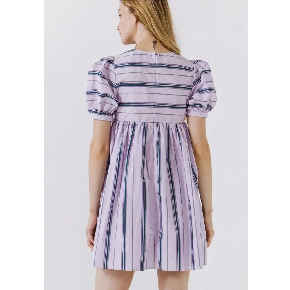 English Factory Puff Sleeve Striped Mini Dress size M Lilac Relaxed Babydoll New - Picture 9 of 10